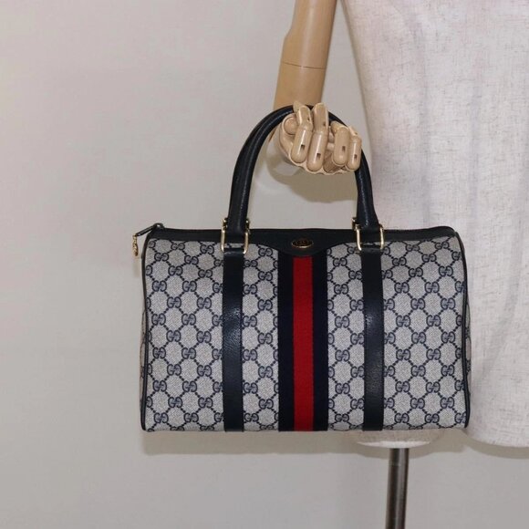 GUCCI GG Supreme Sherry Line Boston Bag PVC Navy Gold Auth ki5935 - Picture 3 of 16